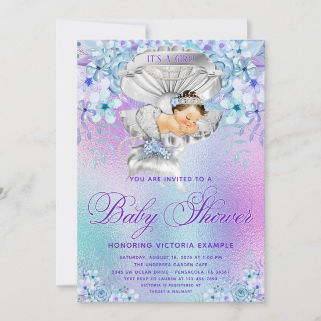 Pink Purple Sirène Bébé Douche Invitations (Devant)