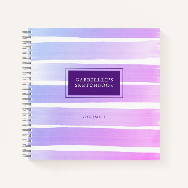 Pink Purple Sketchbook Ombre Stripes Your Name Notebook (Front)