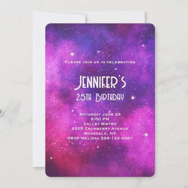 Pink & Purple Space & Stars Faux Galaxy Birthday Invitation (Front)
