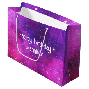 Pink & Purple Space & Stars Faux Galaxy Birthday Large Gift Bag