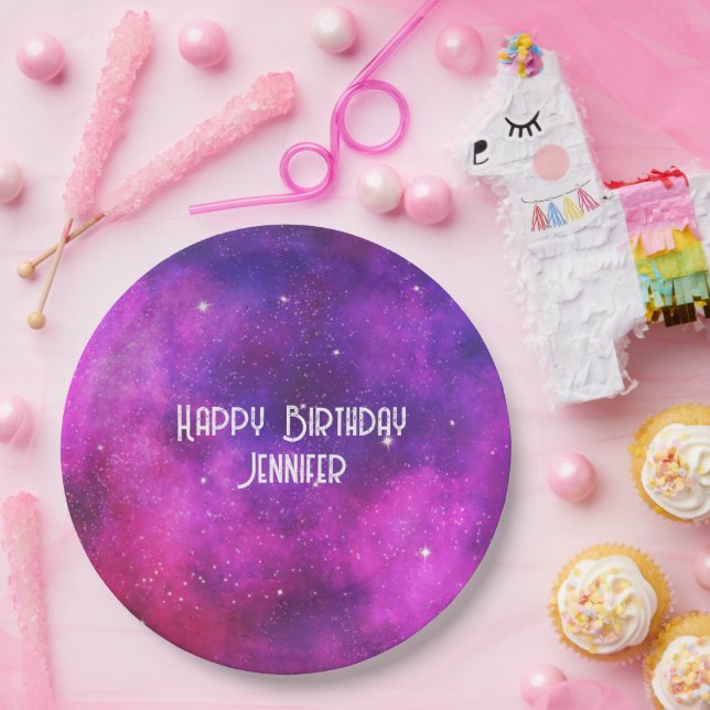 Pink & Purple Space & Stars Faux Galaxy Birthday Paper Plate (Party)