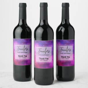 Pink & Purple Space & Stars Faux Galaxy Birthday Wine Label