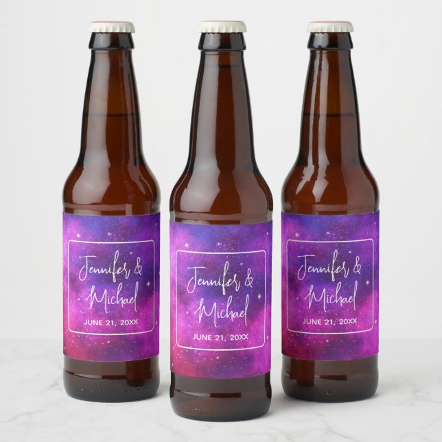 Pink & Purple Space & Stars Faux Galaxy Wedding Beer Bottle Label (Bottles)