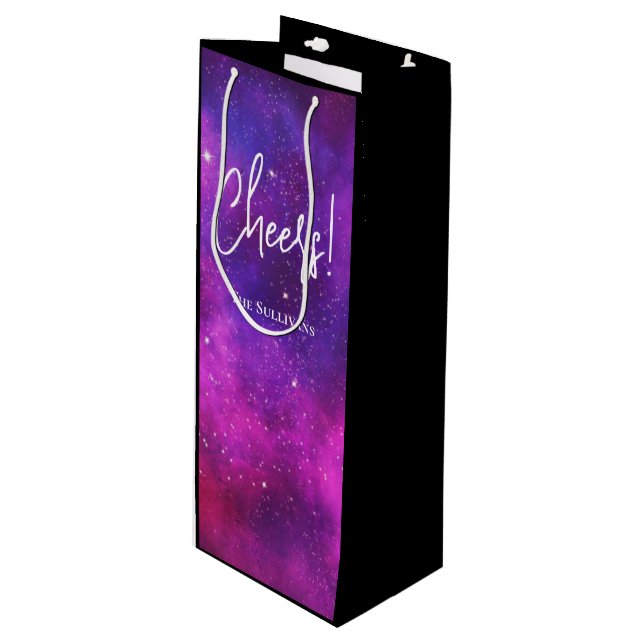 Pink & Purple Space & Stars Faux Galaxy Wine Gift Bag (Front Angled)