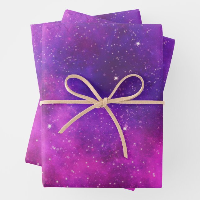 Pink & Purple Space & Stars Faux Galaxy Wrapping Paper Sheet (In situ)