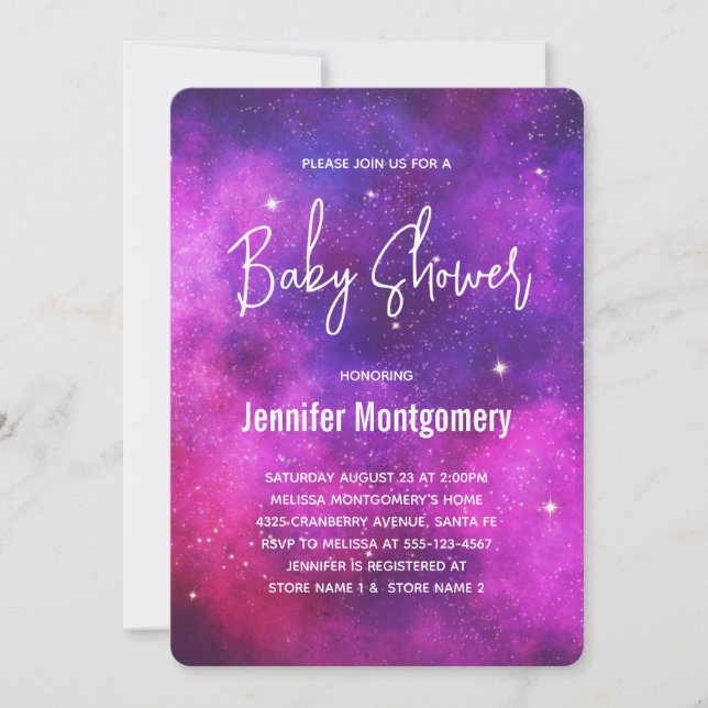 Pink & Purple Space & Stars Galaxy Baby Shower Invitation (Front)