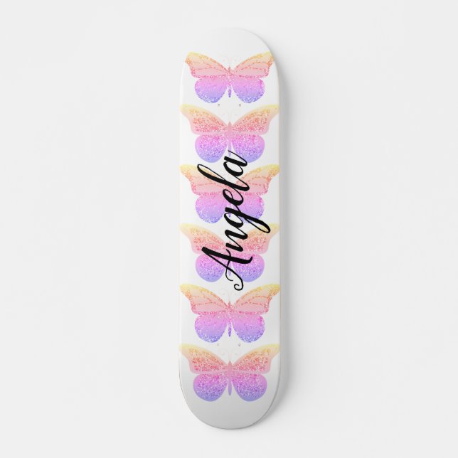 Pink Purple Sparkle Butterflies Personalized Skate Skateboard (Front)
