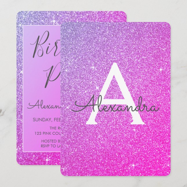 Pink Purple Sparkle Glitter Girly Birthday Party Invitation (Front/Back)