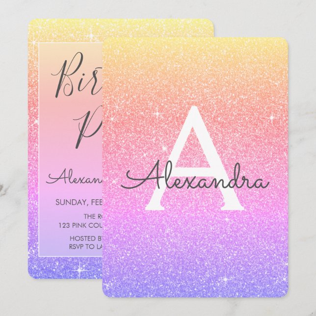 Pink Purple Sparkle Glitter Girly Birthday Party Invitation (Front/Back)
