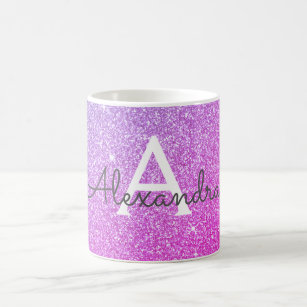 Pink Purple Sparkle Glitter Monogram Name Initial Coffee Mug