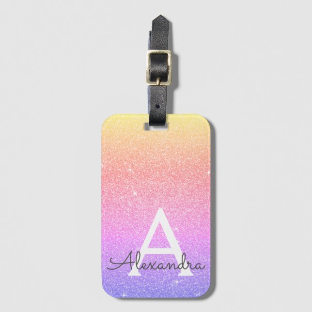 Pink Purple Sparkle Glitter Monogram Name Luggage Tag (Front Vertical)