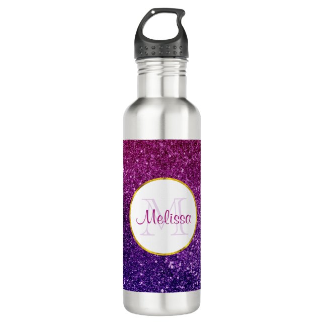 Pink & Purple Sparkling Glitter Gemstones Monogram 710 Ml Water Bottle (Front)