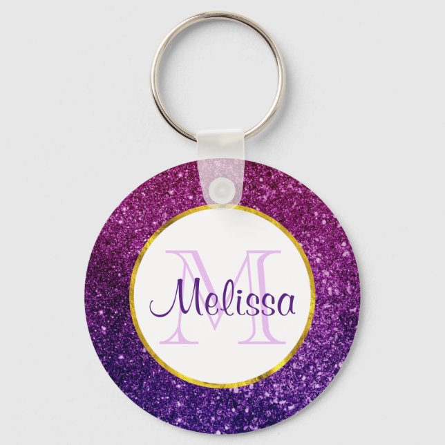 Pink & Purple Sparkling Glitter Gemstones Monogram Keychain (Front)
