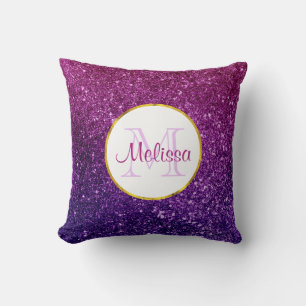 Pink & Purple Sparkling Glitter Gemstones Monogram Throw Pillow