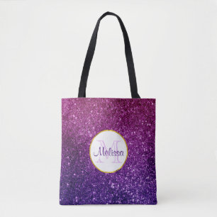 Pink & Purple Sparkling Glitter Gemstones Monogram Tote Bag