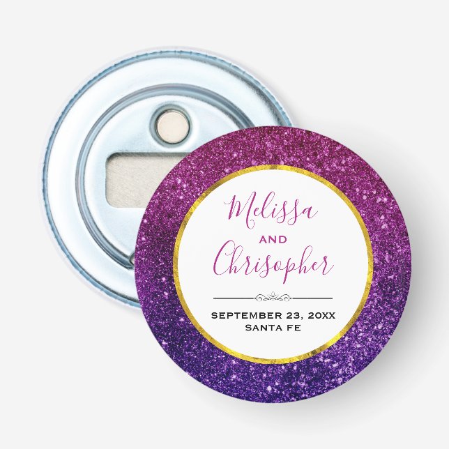 Pink & Purple Sparkling Glitter Gemstones Wedding Bottle Opener (Front)