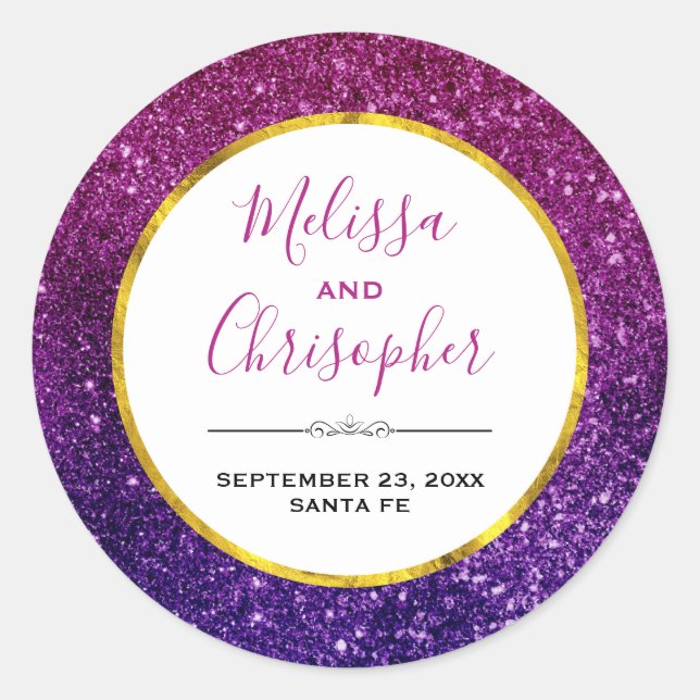 Pink & Purple Sparkling Glitter Gemstones Wedding Classic Round Sticker (Front)