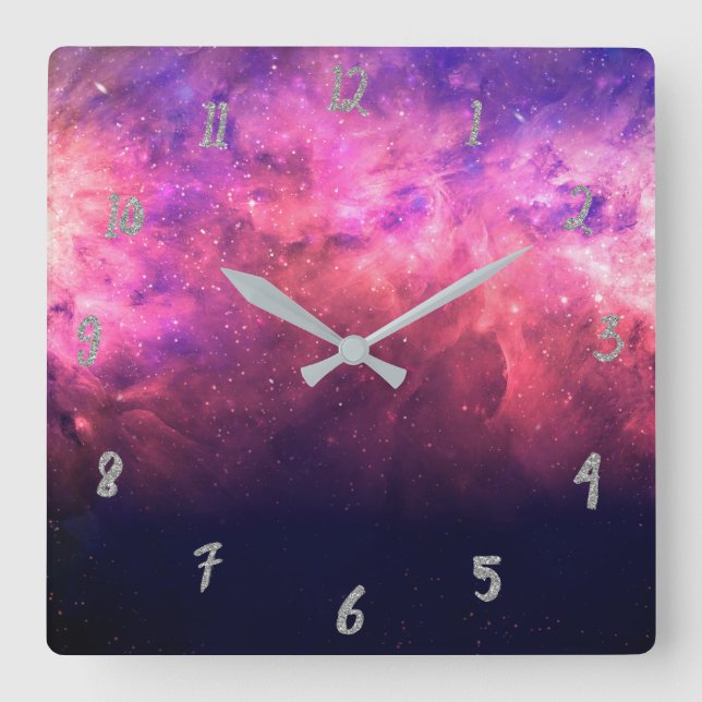 Pink Purple Starry Sky Cosmic Galaxy Sky Fire Glow Square Wall Clock (Front)