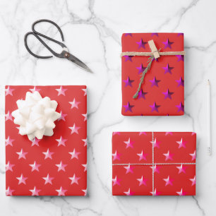 Pink Purple Stars On Holiday Red Wrapping Paper Sheet