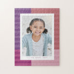 Pink purple stripes cute personalized photo jigsaw puzzle<br><div class="desc">A fun and colourful stripe pattern in shades of pinks and purples surrounds a single vertical photo with custom text. This photo gift is perfect for all ages - from kids to grandparents to commemorate a fun photo or event.</div>