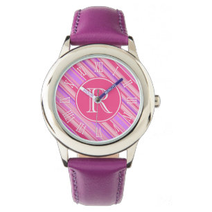 Pink, purple stripes graphic monogram girls watch