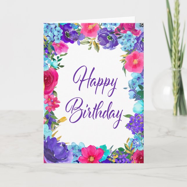 Pink Purple Summer Floral Happy Birthday Card (Front)