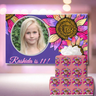 Pink & Purple Sunflower Watercolor Birthday Party Banner