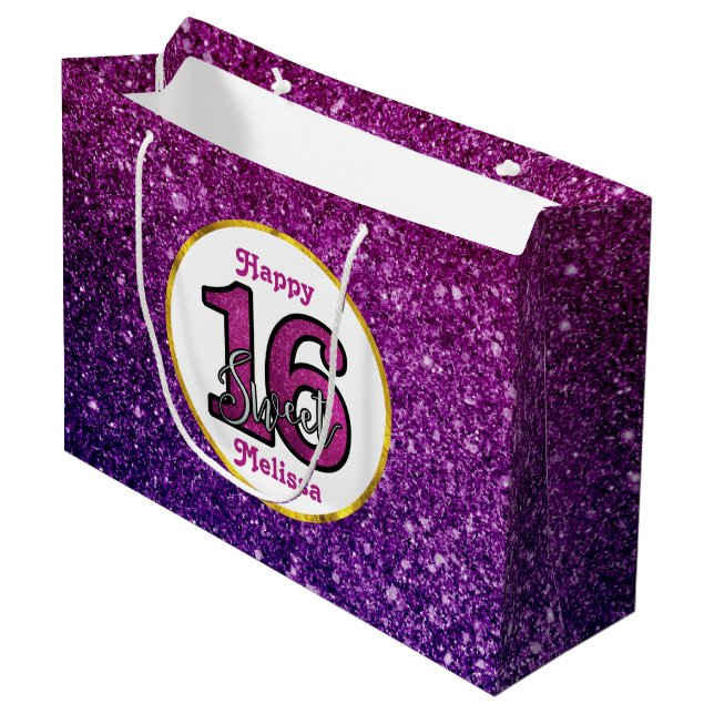 Pink & Purple Sweet 16 Sparkle Glitter Gemstones Large Gift Bag (Front Angled)