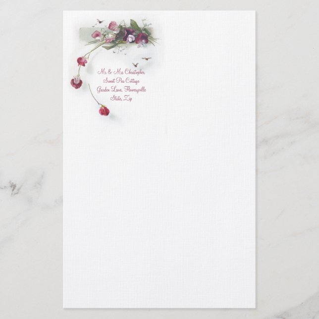 Pink purple sweet peas stationery (Front)