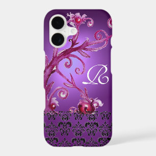 PINK PURPLE SWIRLS,BERRIES FLORAL DAMASK MONOGRAM