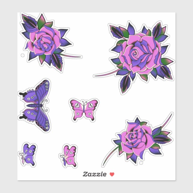 Pink Purple Tattoo Rose Skull Butterflies (Sheet)