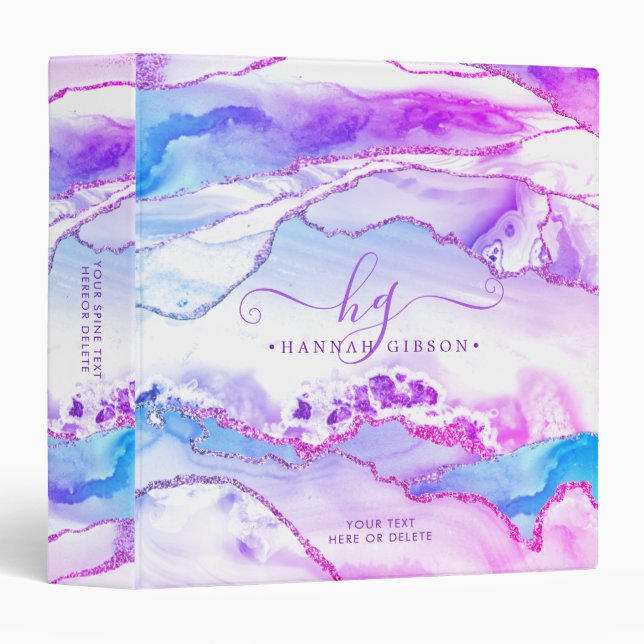 Pink Purple Teal Agate Glitter Monogram Binder (Front/Spine)