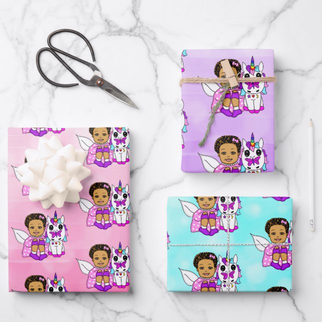 Pink, Purple, Teal Fairy and Unicorns Wrapping Paper Sheet (Front)
