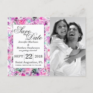 Pink Purple Teal Floral Outlined Save the Dates Announcement Postcard