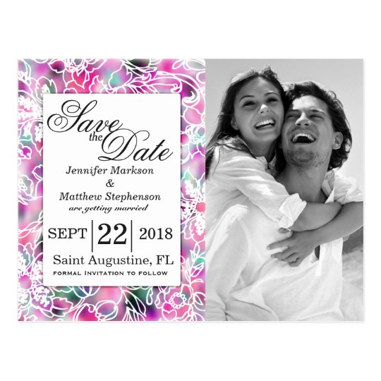 Pink Purple Teal Floral Outlined Save the Dates Postcard