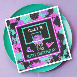 Pink Purple Teal PaintSplatter Basketball Birthday Napkin