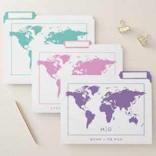 Pink Purple Teal Pastel World Map File Folder