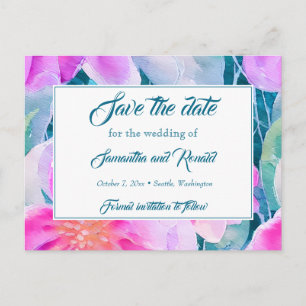 Pink Purple Teal Watercolor Wedding Save the date Announcement Postcard
