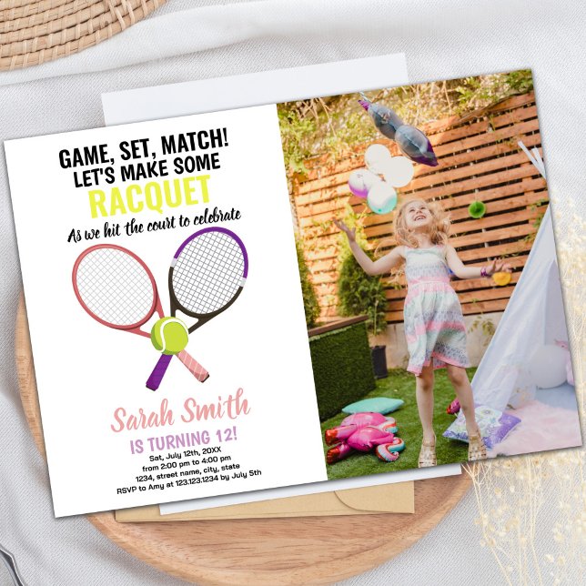Pink Purple Tennis Anniversaire Invitations avec p (Pink Purple Tennis Birthday Invitations w photo)