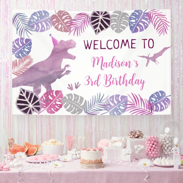 Pink Purple Three Rex Girl Dinosaur Birthday Banner (Party)