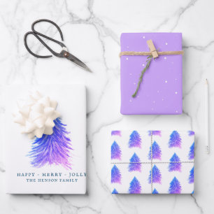 Pink Purple Trees Watercolor Christmas Holiday  Wrapping Paper Sheet