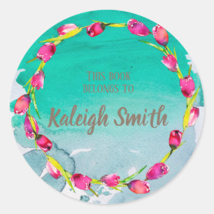 Pink Purple Tulips on Teal Watercolor Book Name Classic Round Sticker