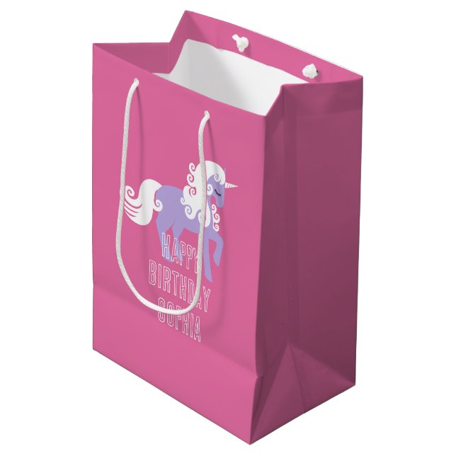 Pink Purple Unicorn Birthday Medium Gift Bag (Front Angled)