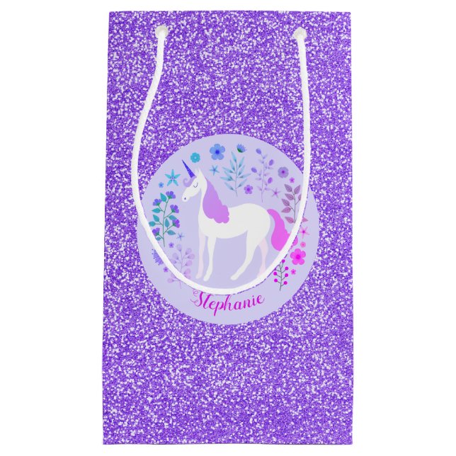 Pink Purple Unicorn Glitter Personalized Small Gift Bag (Front)