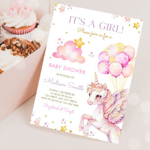 Pink Purple Unicorn Magical Girl Baby Shower Invitation