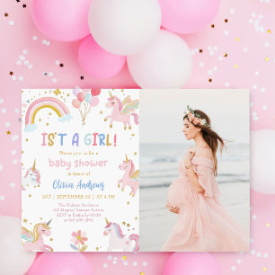 Pink Purple Unicorn Magical Girl Baby Shower Photo Invitation