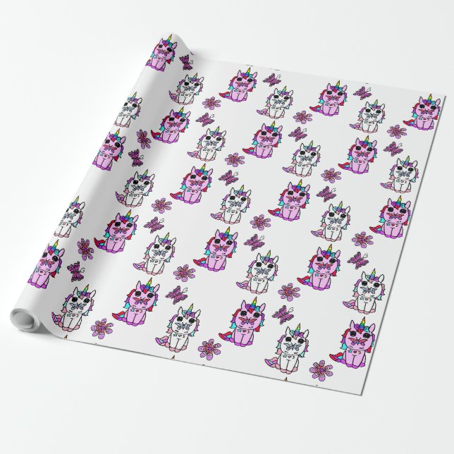 Pink Purple Unicorns Fairy Tale Wrapping Paper (Unrolled)