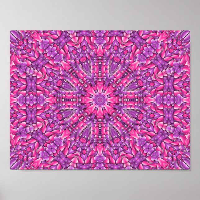 Pink & Purple Vintage Fractal Kaleidoscope Poster (Front)