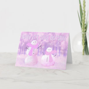 Pink Purple Vintage Snowmen Customized Holiday Card