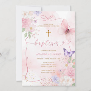 Pink Purple Watercolor Bow Watercolor Girl Baptism Invitation